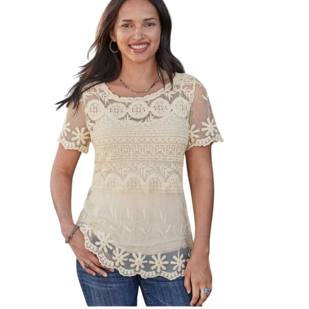Sundance Sense Of Wonder Embroidered Lace Top Small Off‎ White Boho Feminine